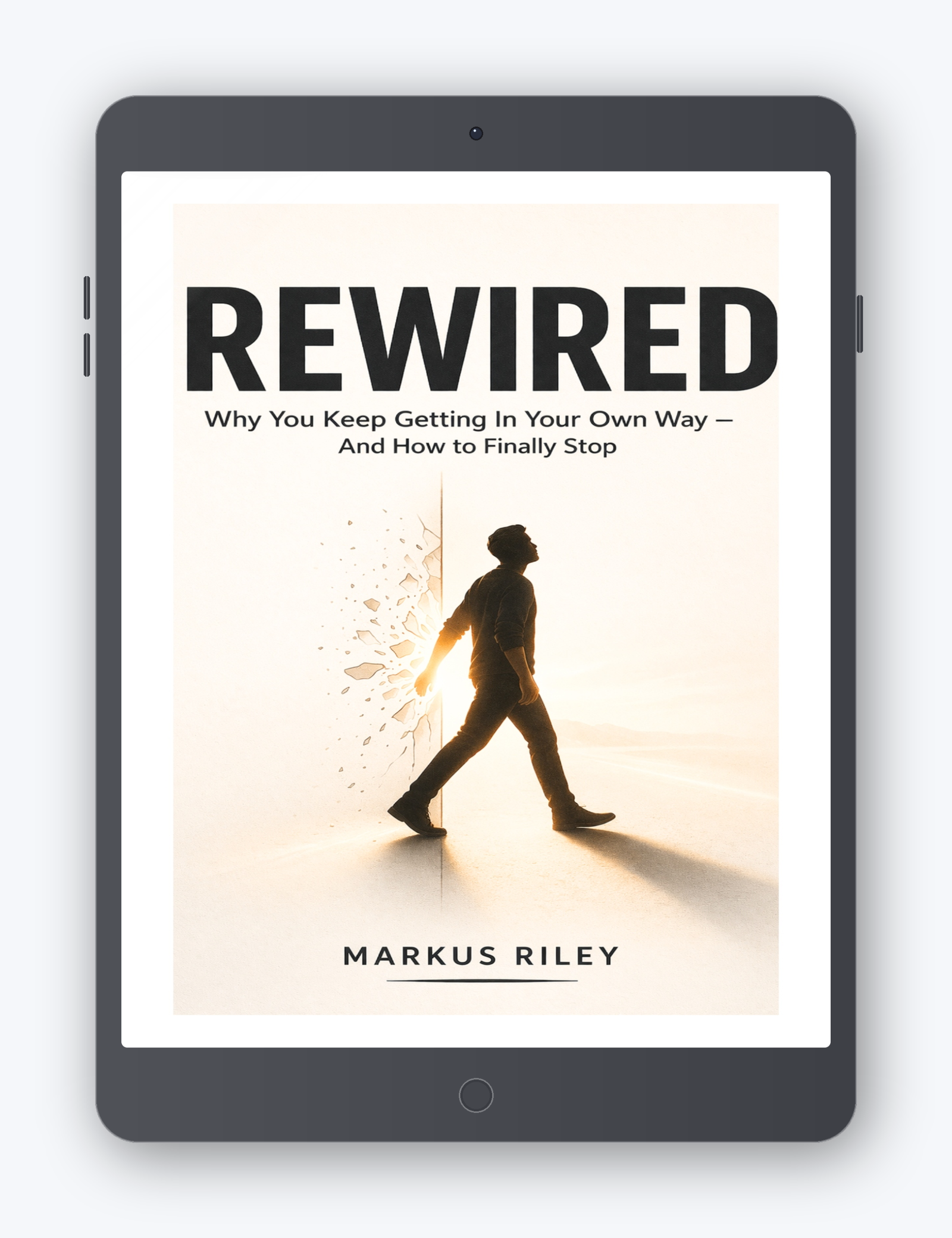 REWIRED book displayed on a tablet — Why You Keep Getting In Your Own Way, And How to Finally Stop, by Markus Riley